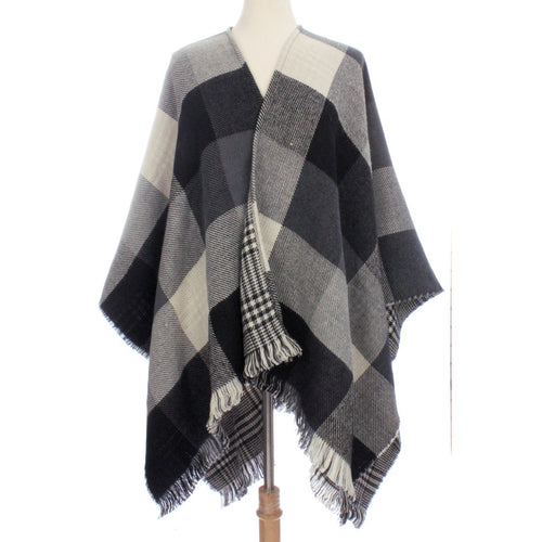 Womens Reversible Plaid Color block Poncho - 4D's T&D Inc