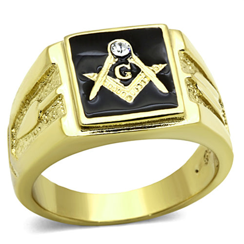Men's Stainless Steel 14K Gold Ion Plated Crystal Masonic Lodge Freemason Ring Size 8-13 - 4D's T&D Inc