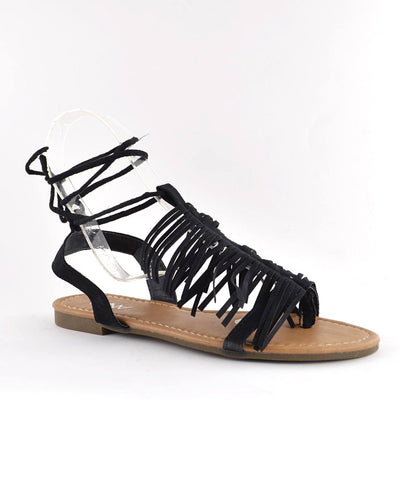 Fringe Design Open Toe Tie Up Pattern Flat Sandals - 4D's T&D Inc