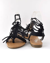 Fringe Design Open Toe Tie Up Pattern Flat Sandals - 4D's T&D Inc