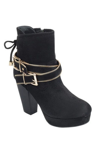 Ladies fashion ankle boot, closed almond toe, block heel, with zipper closure and buckle detail - 4D's T&D Inc