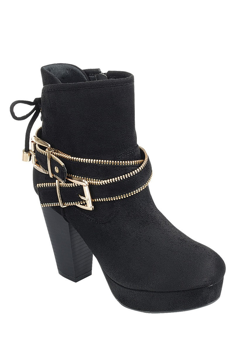 Ladies fashion ankle boot, closed almond toe, block heel, with zipper closure and buckle detail - 4D's T&D Inc