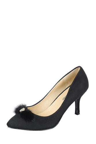 Ladies fashion one inch heeled shoe, closed round toe slip on, suede pump with decorative rhinestone detail - 4D's T&D Inc