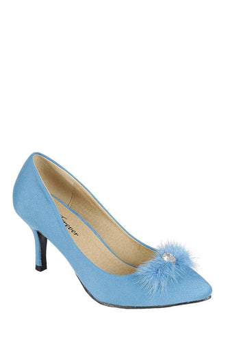 Ladies fashion one inch heeled shoe, closed round toe slip on, suede pump with decorative rhinestone detail - 4D's T&D Inc