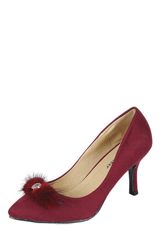 Ladies fashion one inch heeled shoe, closed round toe slip on, suede pump with decorative rhinestone detail - 4D's T&D Inc
