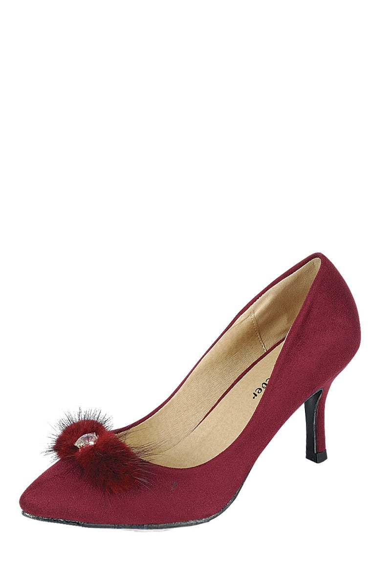 Ladies fashion one inch heeled shoe, closed round toe slip on, suede pump with decorative rhinestone detail - 4D's T&D Inc