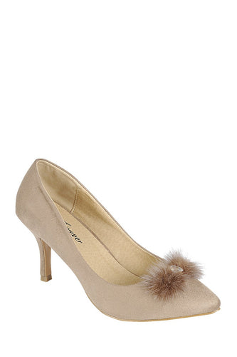 Ladies fashion one inch heeled shoe, closed round toe slip on, suede pump with decorative rhinestone detail - 4D's T&D Inc