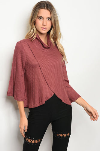Ladies fashion long bell sleeve cowl neck tulip front waffle knit slub top - 4D's T&D Inc