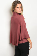 Ladies fashion long bell sleeve cowl neck tulip front waffle knit slub top - 4D's T&D Inc