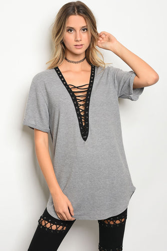 Ladies fashion short sleeve lace up front tunic t-shirt - 4D's T&D Inc
