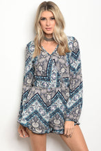 Ladies fashion surplice front long sleeve multi print romper, with smock waist - 4D's T&D Inc