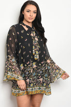 Ladies fashion plus size long sleeve floral print skater dress that features a necktie  and bell sleeves - 4D's T&D Inc