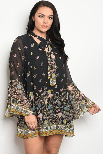Ladies fashion plus size long sleeve floral print skater dress that features a necktie  and bell sleeves - 4D's T&D Inc