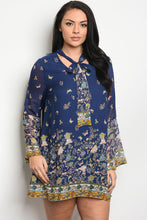 Ladies fashion plus size long sleeve floral print skater dress that features a necktie  and bell sleeves - 4D's T&D Inc
