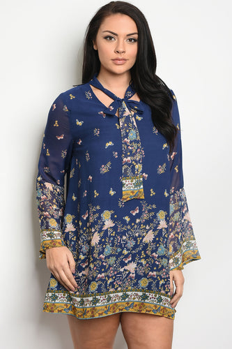 Ladies fashion plus size long sleeve floral print skater dress that features a necktie  and bell sleeves - 4D's T&D Inc