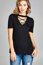 Ladies fashion short sleeve cross strap w/choker neck rayon spandex top - 4D's T&D Inc