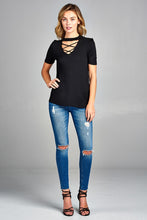 Ladies fashion short sleeve cross strap w/choker neck rayon spandex top - 4D's T&D Inc