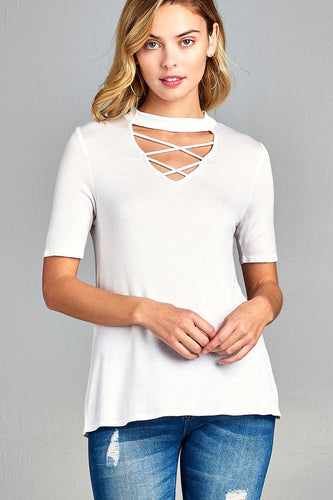 Ladies fashion short sleeve cross strap w/choker neck rayon spandex top - 4D's T&D Inc