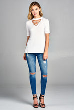 Ladies fashion short sleeve cross strap w/choker neck rayon spandex top - 4D's T&D Inc