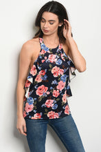Ladies fashion sleeveless floral print top that features a rounded neckline and ruffle details - 4D's T&D Inc