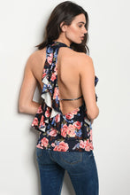 Ladies fashion sleeveless floral print top that features a rounded neckline and ruffle details - 4D's T&D Inc
