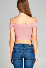 Ladies fashion short sleeve off the shoulder front shirring detail crop stripe rayon spandex rib top - 4D's T&D Inc