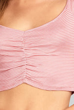 Ladies fashion short sleeve off the shoulder front shirring detail crop stripe rayon spandex rib top - 4D's T&D Inc
