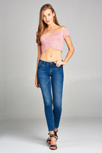 Ladies fashion short sleeve off the shoulder front shirring detail crop stripe rayon spandex rib top - 4D's T&D Inc
