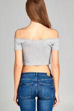 Ladies fashion short sleeve off the shoulder front shirring detail crop stripe rayon spandex rib top - 4D's T&D Inc