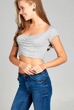 Ladies fashion short sleeve off the shoulder front shirring detail crop stripe rayon spandex rib top - 4D's T&D Inc