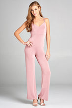 Ladies fashion v-neck w/back cross strap long leg poly spandex knit jumpsuit - 4D's T&D Inc