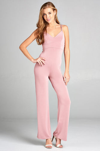 Ladies fashion v-neck w/back cross strap long leg poly spandex knit jumpsuit - 4D's T&D Inc