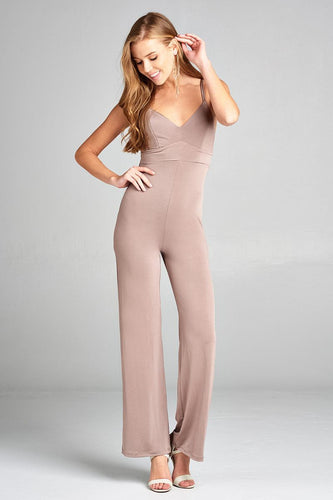 Ladies fashion v-neck w/back cross strap long leg poly spandex knit jumpsuit - 4D's T&D Inc