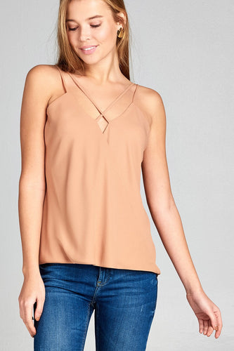 Ladies fashion sleeveless v-neck surplice cross strap wool dobby woven top - 4D's T&D Inc