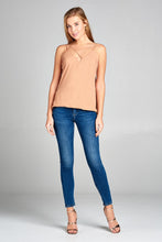 Ladies fashion sleeveless v-neck surplice cross strap wool dobby woven top - 4D's T&D Inc