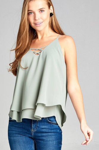 Ladies fashion sleeveless lace-up detail double layer georgette chiffon woven top - 4D's T&D Inc