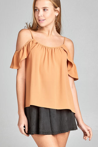 Ladies fashion short ruffle sleeve round neck w/button detail open shoulder crepe woven top - 4D's T&D Inc