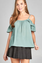 Ladies fashion short ruffle sleeve round neck w/button detail open shoulder crepe woven top - 4D's T&D Inc