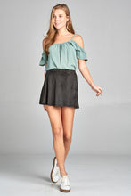 Ladies fashion short ruffle sleeve round neck w/button detail open shoulder crepe woven top - 4D's T&D Inc