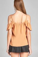 Ladies fashion short ruffle sleeve round neck w/button detail open shoulder crepe woven top - 4D's T&D Inc