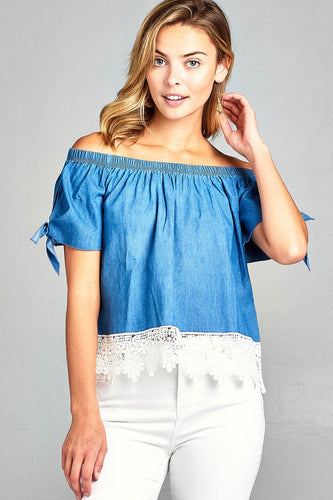 Ladies fashion short sleeve w/ribbon tie off the shoulder bottom crochet lace chambray top - 4D's T&D Inc