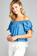 Ladies fashion short sleeve w/ribbon tie off the shoulder bottom crochet lace chambray top - 4D's T&D Inc