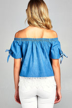 Ladies fashion short sleeve w/ribbon tie off the shoulder bottom crochet lace chambray top - 4D's T&D Inc