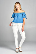 Ladies fashion short sleeve w/ribbon tie off the shoulder bottom crochet lace chambray top - 4D's T&D Inc
