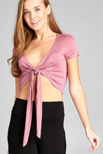 Ladies fashion short sleeve front open self tie rayon spandex crop top - 4D's T&D Inc