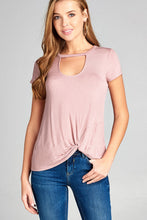 Ladies fashion short sleeve choker v-neck front twist hem rayon spandex top - 4D's T&D Inc