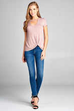 Ladies fashion short sleeve choker v-neck front twist hem rayon spandex top - 4D's T&D Inc