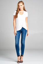 Ladies fashion short sleeve choker v-neck front twist hem rayon spandex top - 4D's T&D Inc