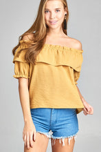 Ladies fashion short sleeve w/elastic off the shoulder flounce w/ruffle woven top - 4D's T&D Inc