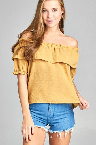 Ladies fashion short sleeve w/elastic off the shoulder flounce w/ruffle woven top - 4D's T&D Inc